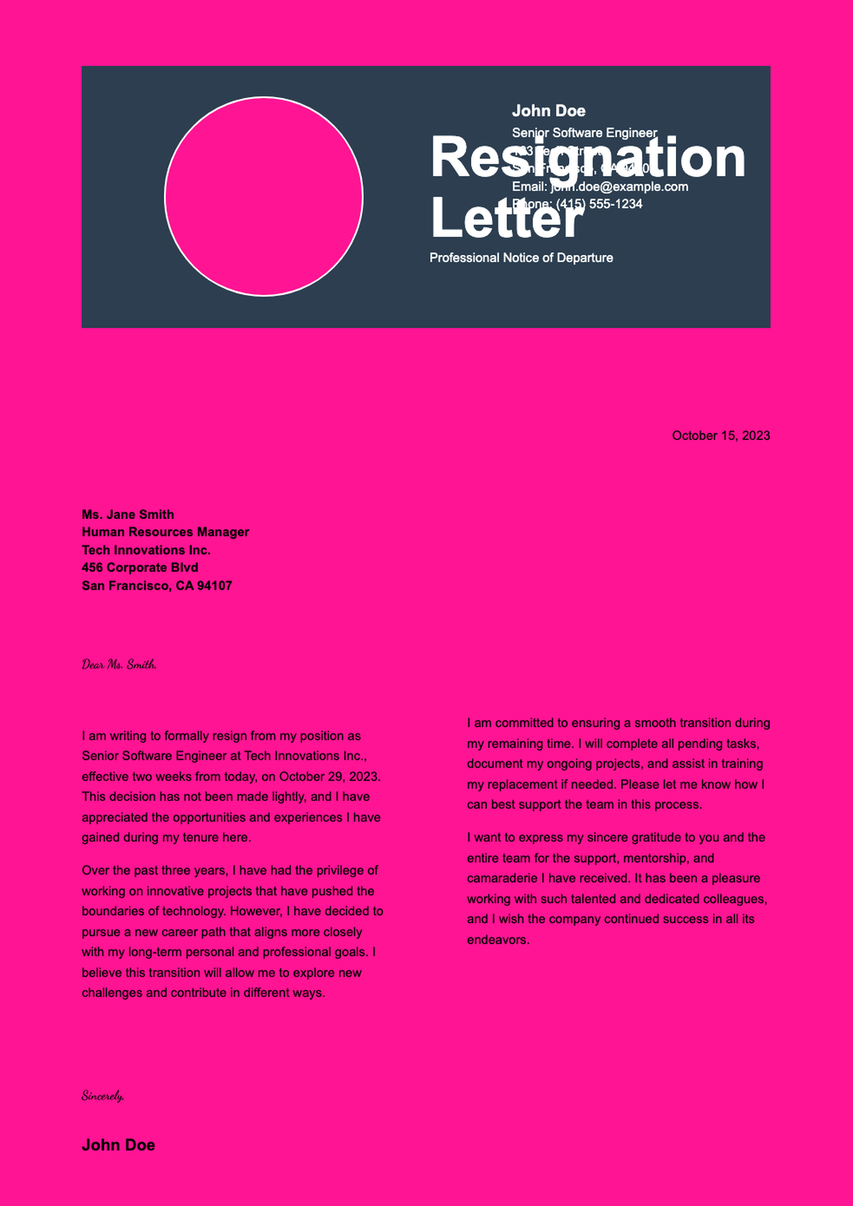 Bright pink resignation letter with modern header and signature_variant_3